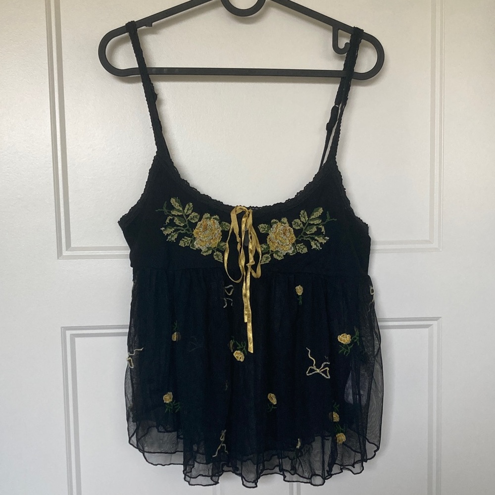 Urban Outfitters Black Tank with Gold Floral Embroidery